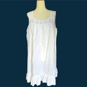 Eileen West White Cotton Sleeveless Lace Ruffle Hem Short Nightgown Chemise Medi